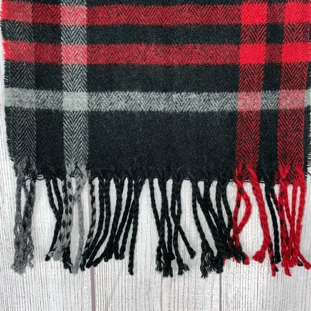Plaid black red grey scarf with fringe hem 60”x9.5”